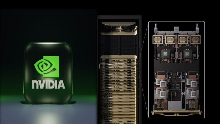 Nvidia CEO Jensen Huang presenting the new Rubin AI chip at GTC 2025