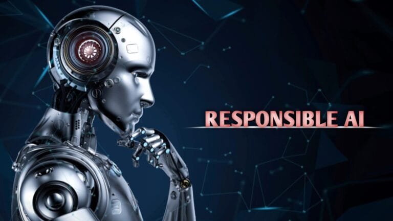 Graphic depicting Responsible AI with icons representing fairness, transparency, and accountability in technology.