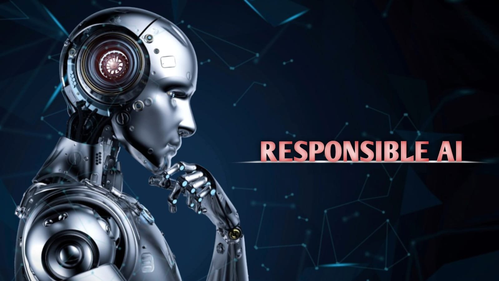 Graphic depicting Responsible AI with icons representing fairness, transparency, and accountability in technology.