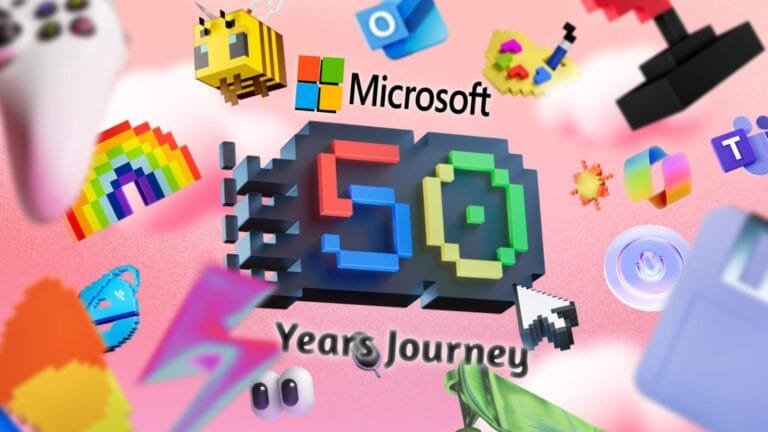 Microsoft celebrates 50 years of innovation with Copilot AI transforming the future of productivity.