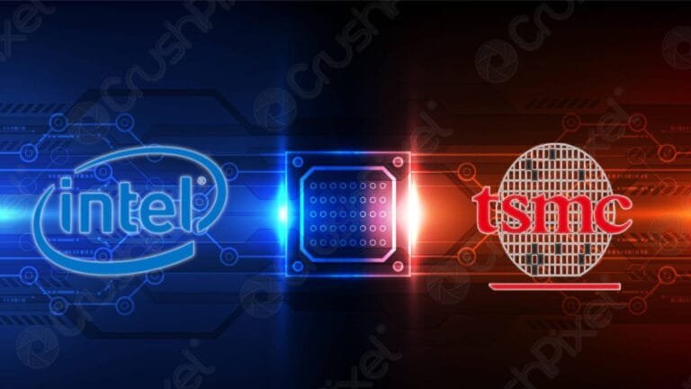 Intel and TSMC executives shaking hands in front of a semiconductor chip plant