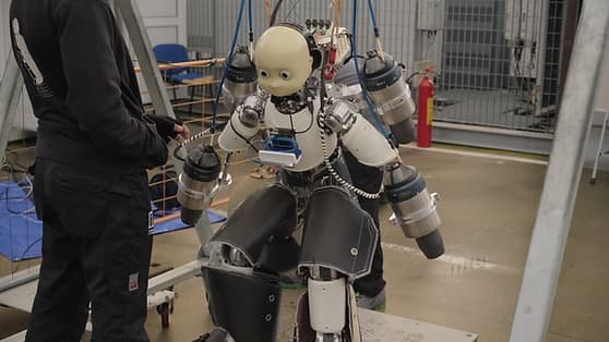 Flying humanoid robot iRonCub3 using jet turbines and AI control