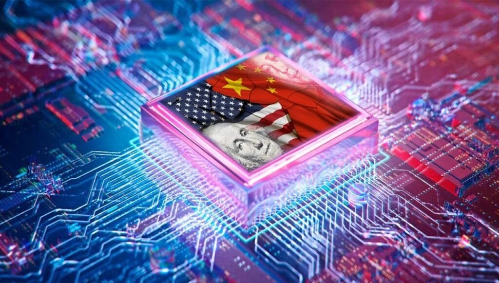 Flags of South Korea, the United States, and China over a semiconductor chip representing the global chip war