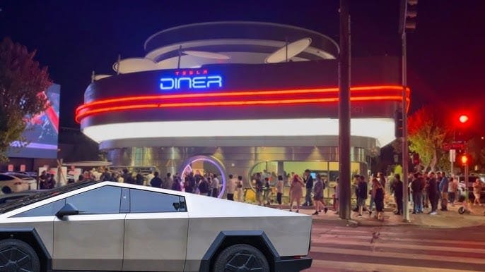 Tesla Diner Los Angeles exterior on Santa Monica Boulevard at sunset