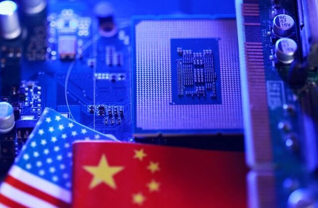 Chinese and US flags with semiconductor chips symbolizing trade tension and investigation.